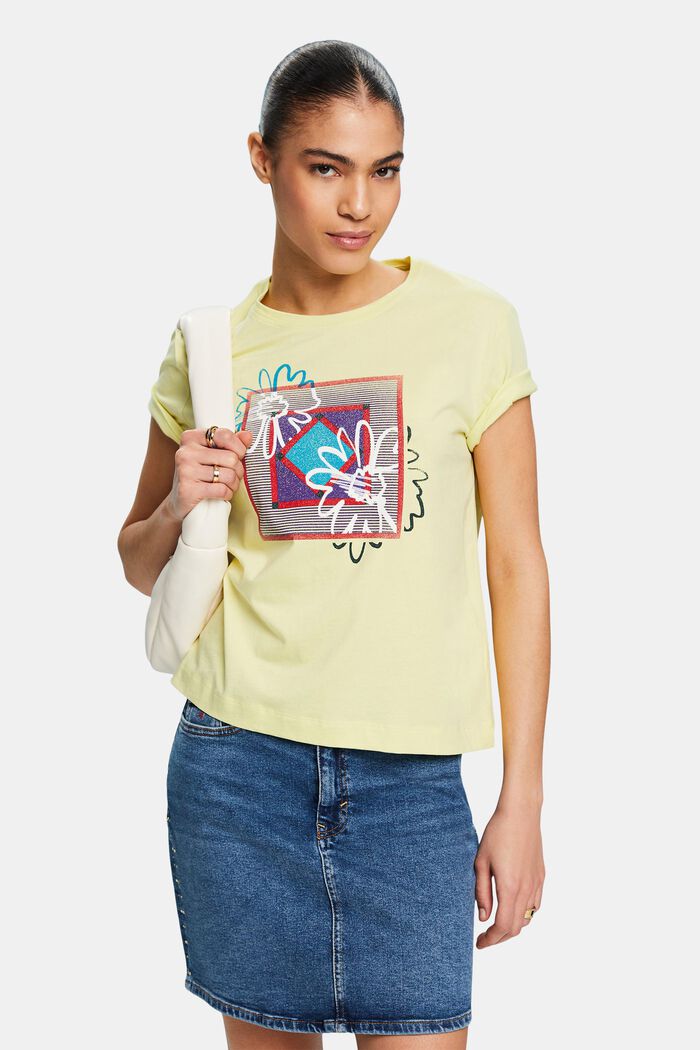 Dżersejowy T-shirt z nadrukiem z przodu, LIME YELLOW, detail image number 0