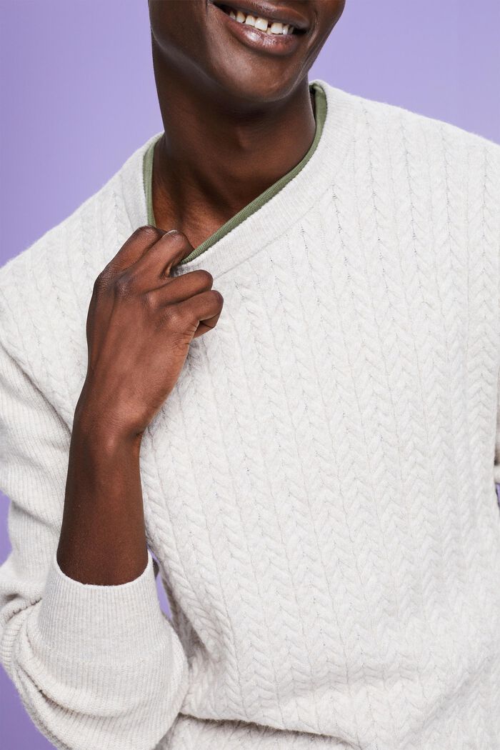 Melanżowy sweter z okrągłym dekoltem z dzianiny w warkocze, OFF WHITE, detail image number 3