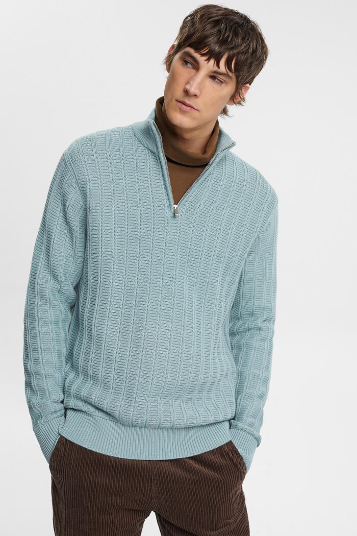 Gruby sweter z zamkiem do połowy długości, GREY BLUE, detail image number 4