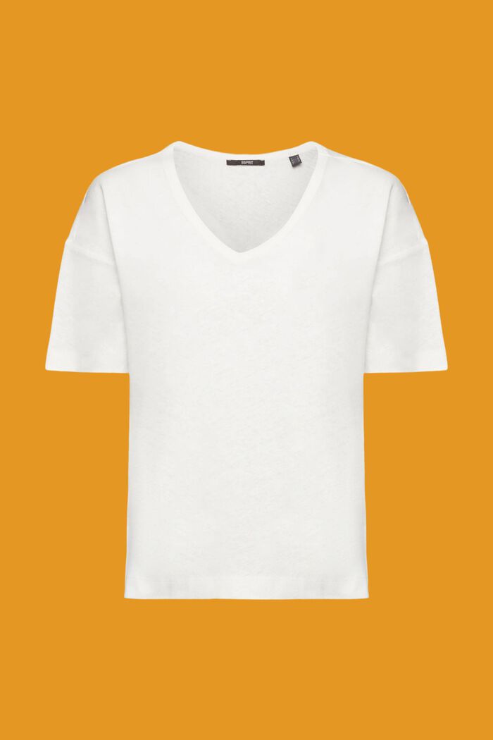 T-shirt z dekoltem w serek z mieszanki lnianej, OFF WHITE, detail image number 6