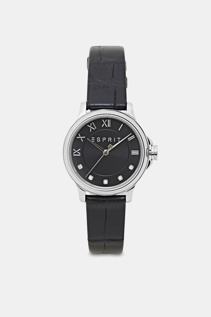 Zegarek ze stali szlachetnej ze skórzanym paskiem, BLACK, overview
