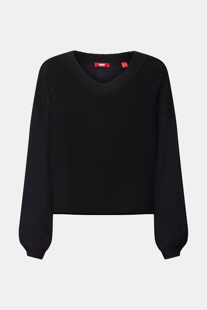 Sweter z dekoltem w serek, mieszanka z wełną, BLACK, detail image number 6