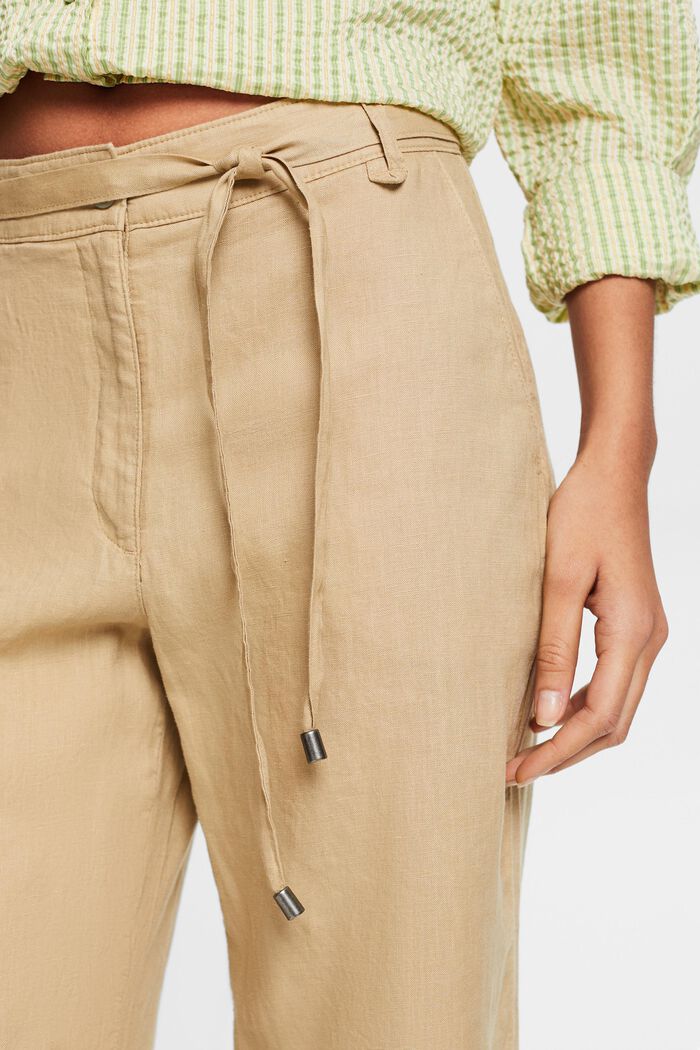 Lniane spodnie z szerokimi nogawkami i paskiem, BEIGE, detail image number 4