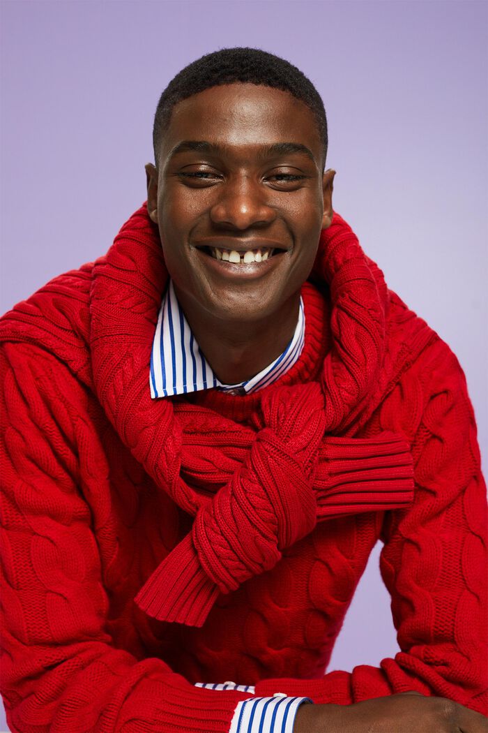 Wełniany sweter z dzianiny w warkocze, DARK RED, detail image number 0