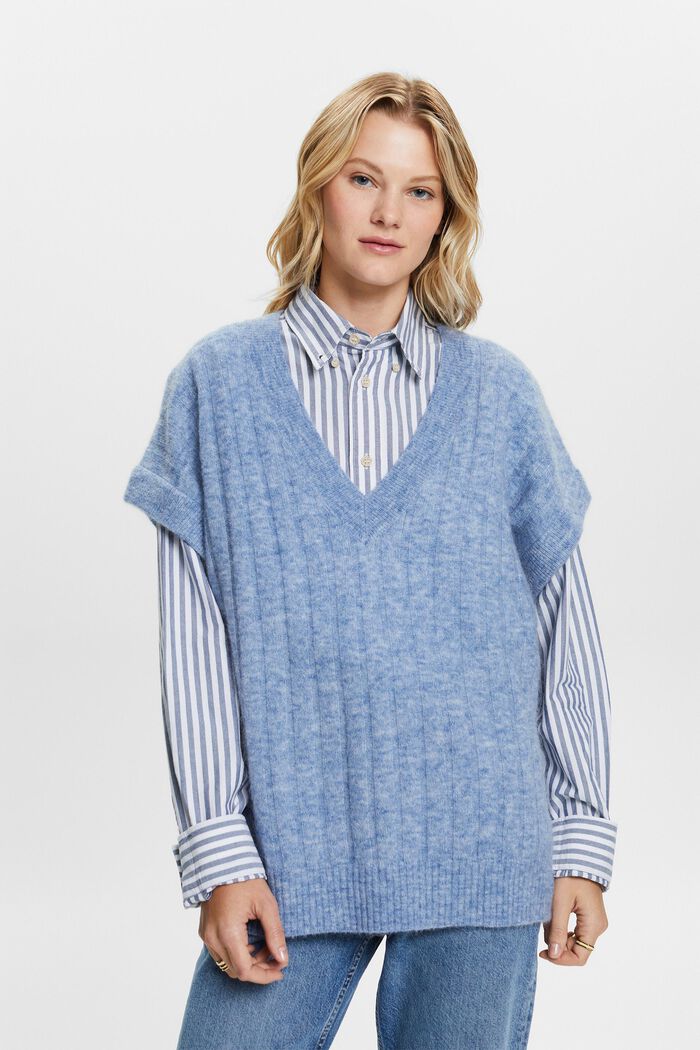 Oversizowy sweter z dekoltem w serek z prążkowanej dzianiny, BLUE LAVENDER, detail image number 1