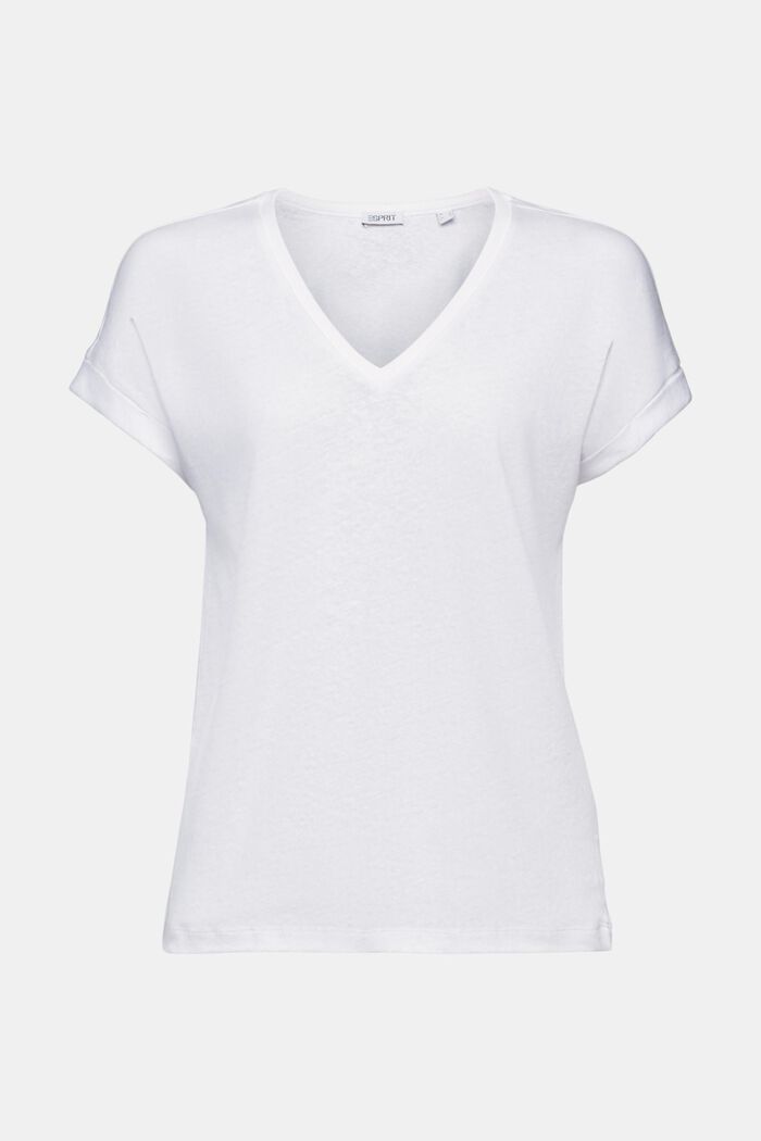 T-shirt z dekoltem w serek z bawełny i lnu, WHITE, detail image number 5