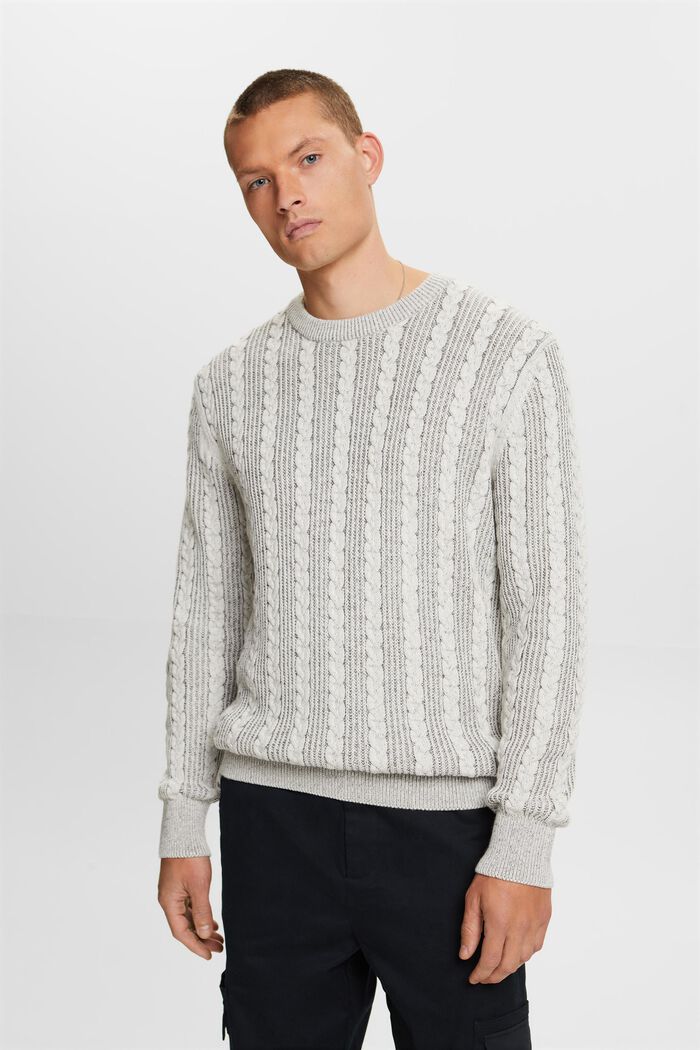 Sweter z okrągłym dekoltem z dzianiny w warkocze, BROWN GREY, detail image number 1
