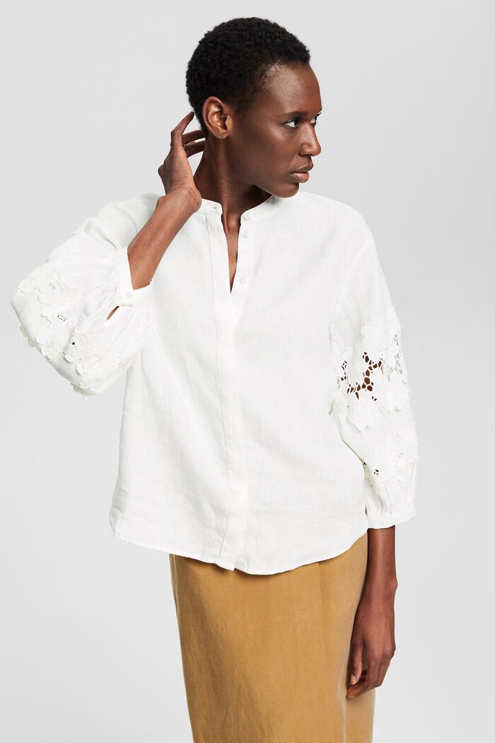 Lniana bluzka z kwiatowym haftem, OFF WHITE, detail image number 5