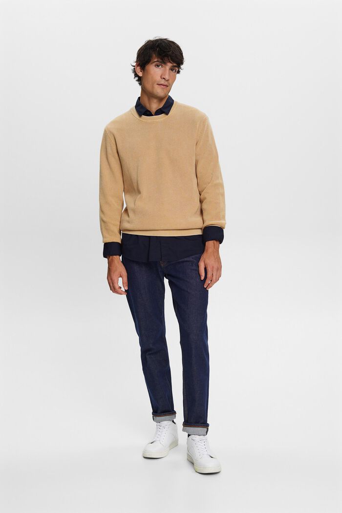 Sweter basic z okrągłym dekoltem, 100% bawełny, BEIGE, detail image number 0
