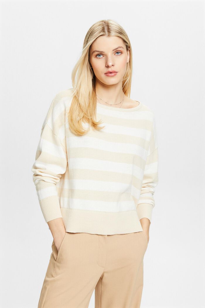 Sweter w paski z bawełny i lnu, CREAM BEIGE, detail image number 0