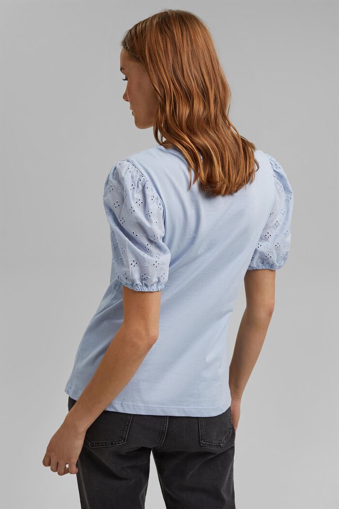 T-shirt z rękawami z tkaniny haftem i ażurowym haftem, LIGHT BLUE LAVENDER, detail image number 3
