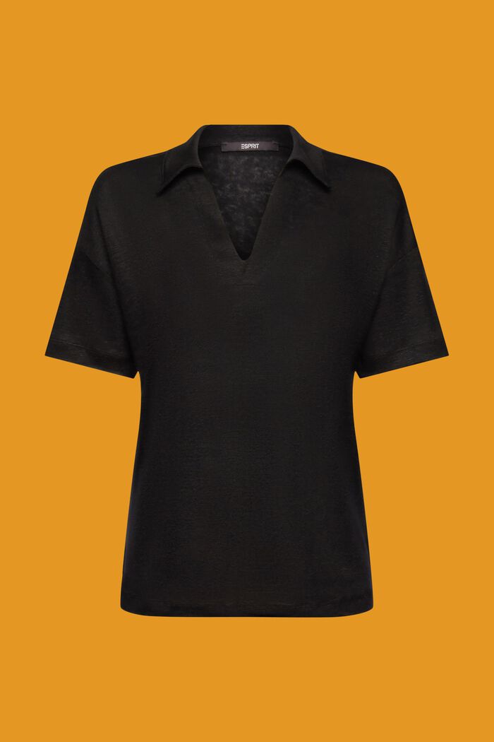 T-shirt z kołnierzykiem polo, 100% lnu, BLACK, detail image number 6