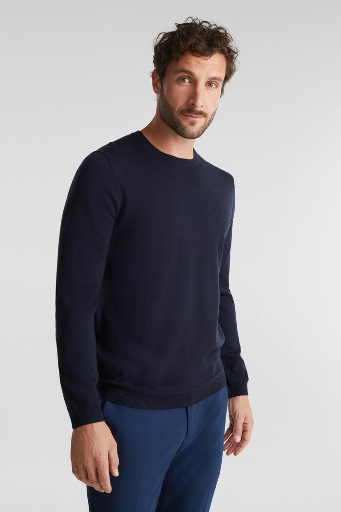100% wełny merynosowej: sweter z okrągłym dekoltem, NAVY, overview