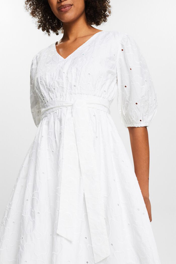 Sukienka midi z bufiastymi rękawami i paskiem, WHITE, detail image number 3