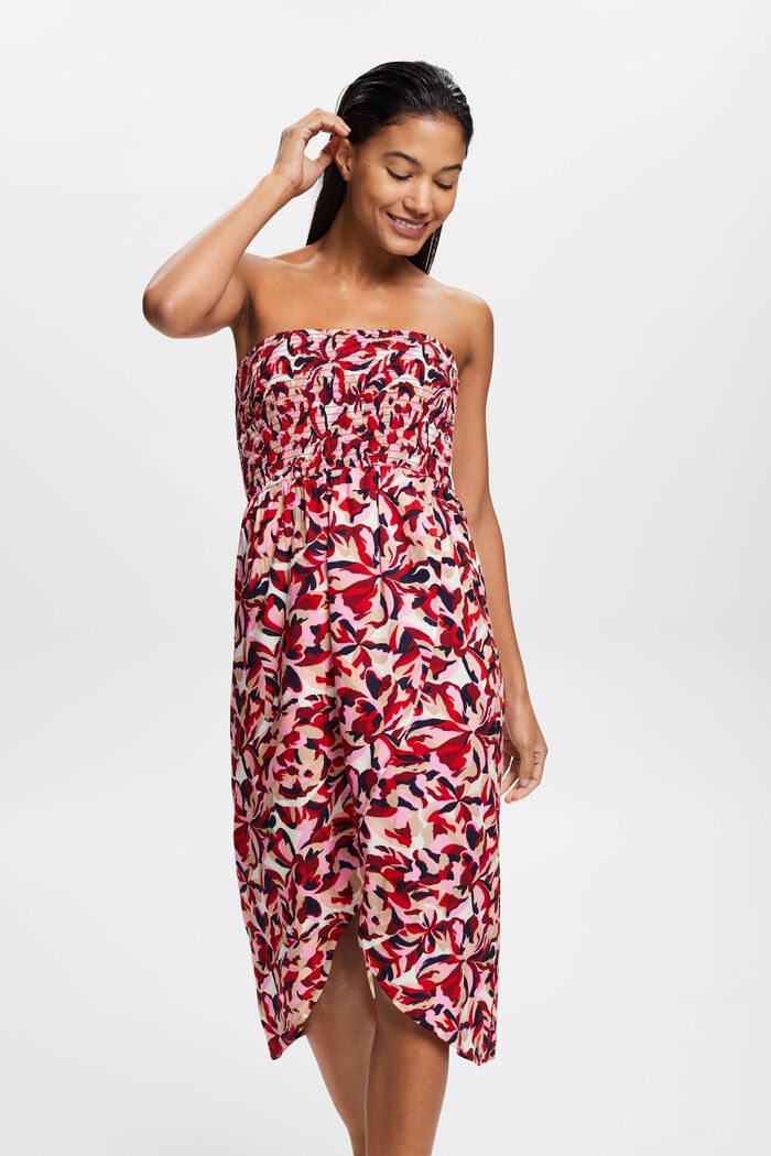 Marszczona, wąska sukienka midi z kwiatowym wzorem, DARK RED, detail image number 0