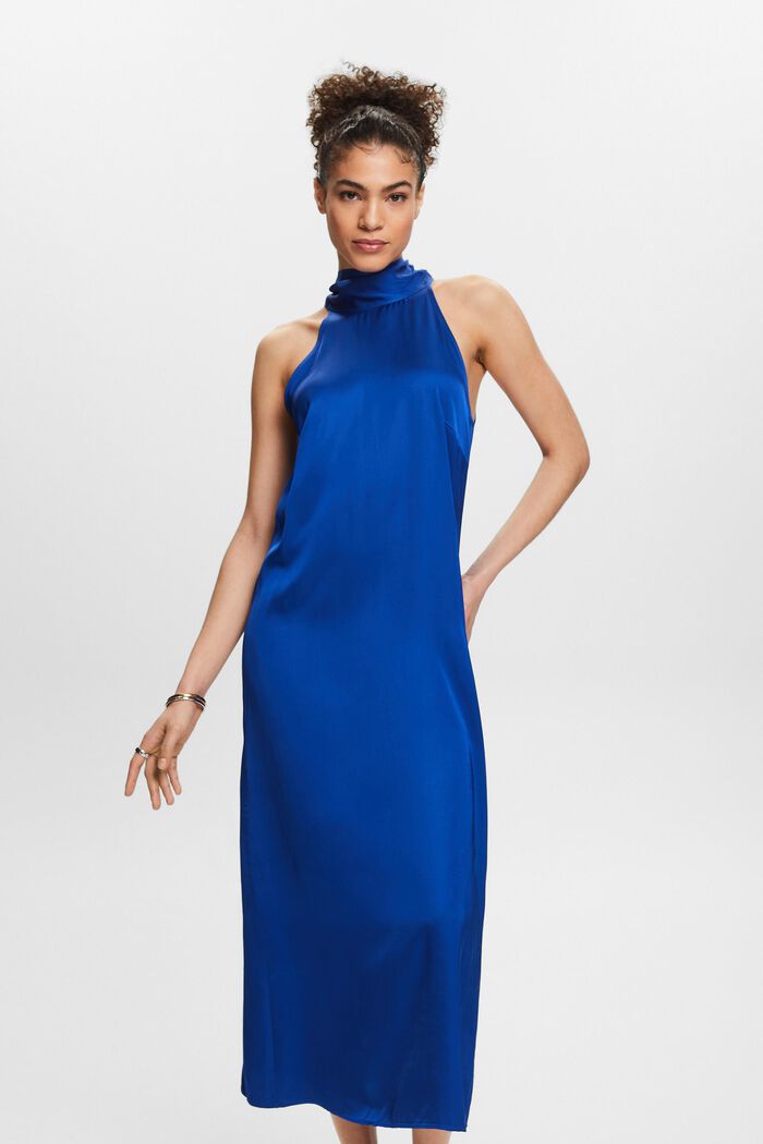 Satynowa sukienka maxi z wiązaniem na szyi, BRIGHT BLUE, detail image number 0