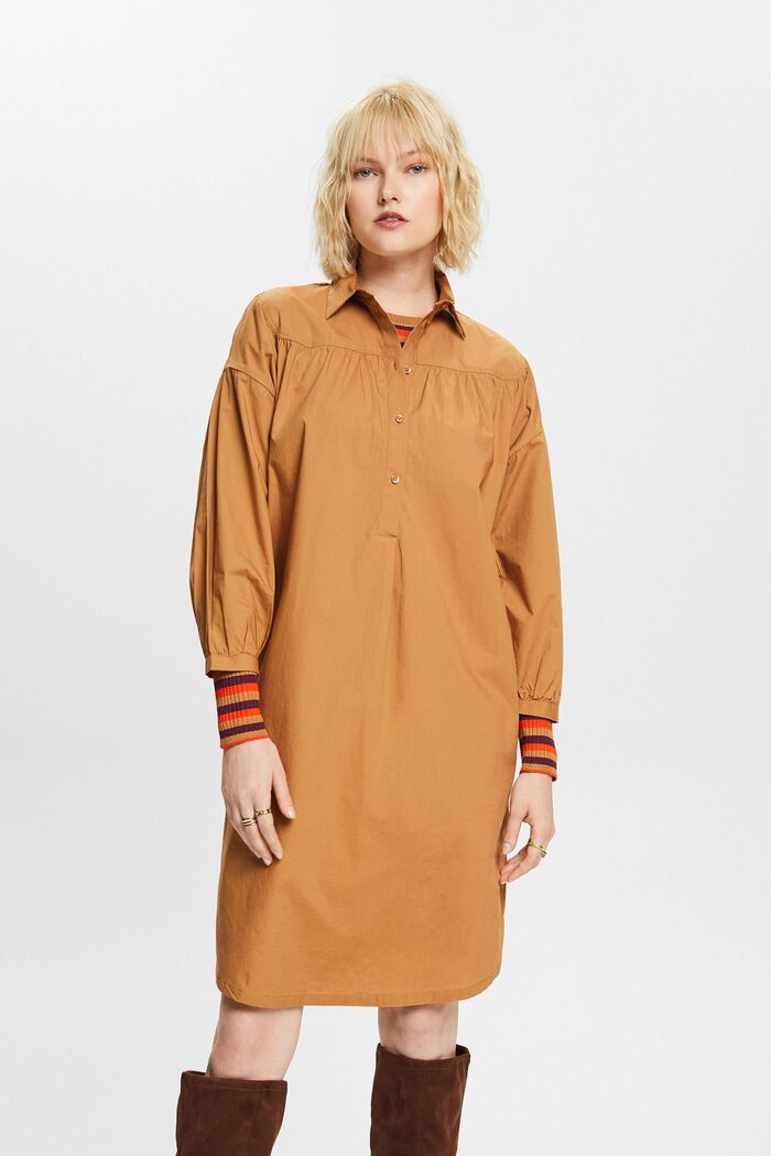 Sukienka koszulowa z wiązanym paskiem, 100% bawełna, CARAMEL, detail image number 0