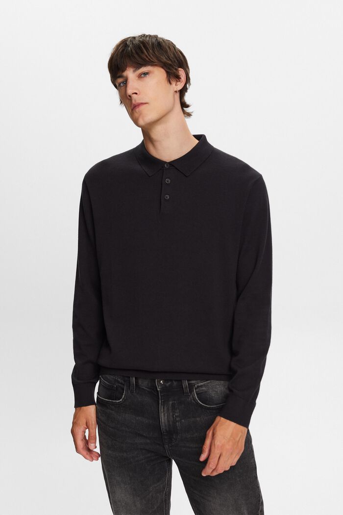 Dzianinowy sweter z kołnierzykiem polo, TENCEL™, BLACK, detail image number 0