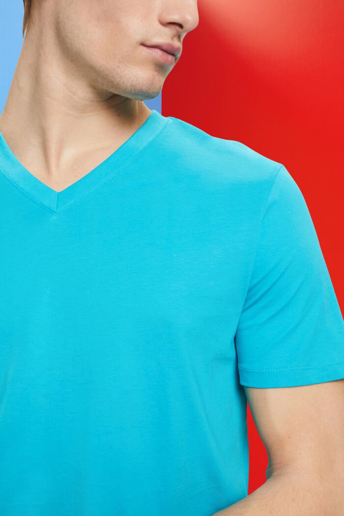 Bawełniany T-shirt z dekoltem w serek, slim fit, AQUA GREEN, detail image number 2