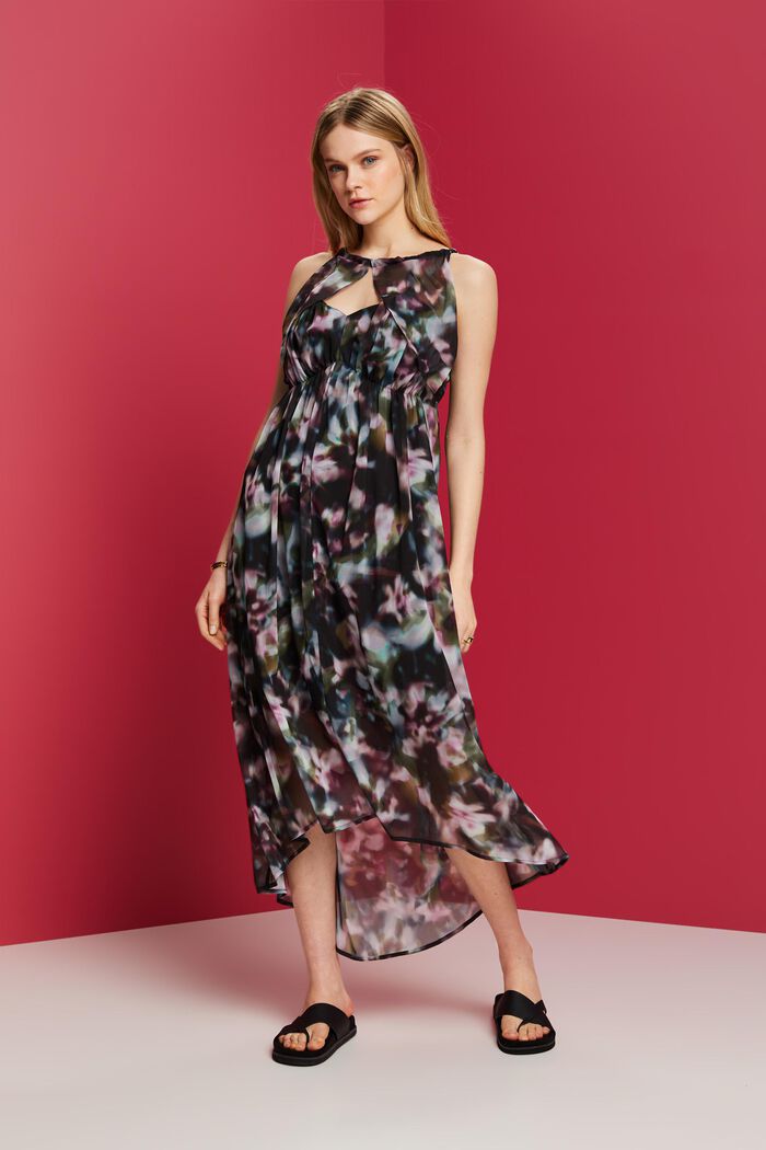Z recyklingu: wzorzysta sukienka midi z szyfonu, BLACK, detail image number 1