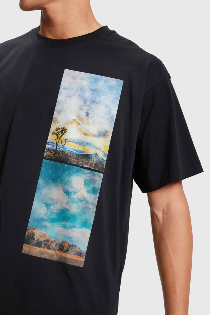 T-shirt z rozmieszczonymi pionowo nadrukami z krajobrazem, BLACK, detail image number 2