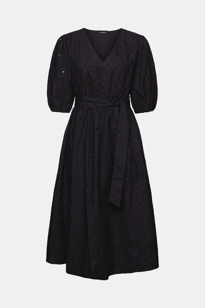 Sukienka midi z bufiastymi rękawami i paskiem, BLACK, detail image number 6