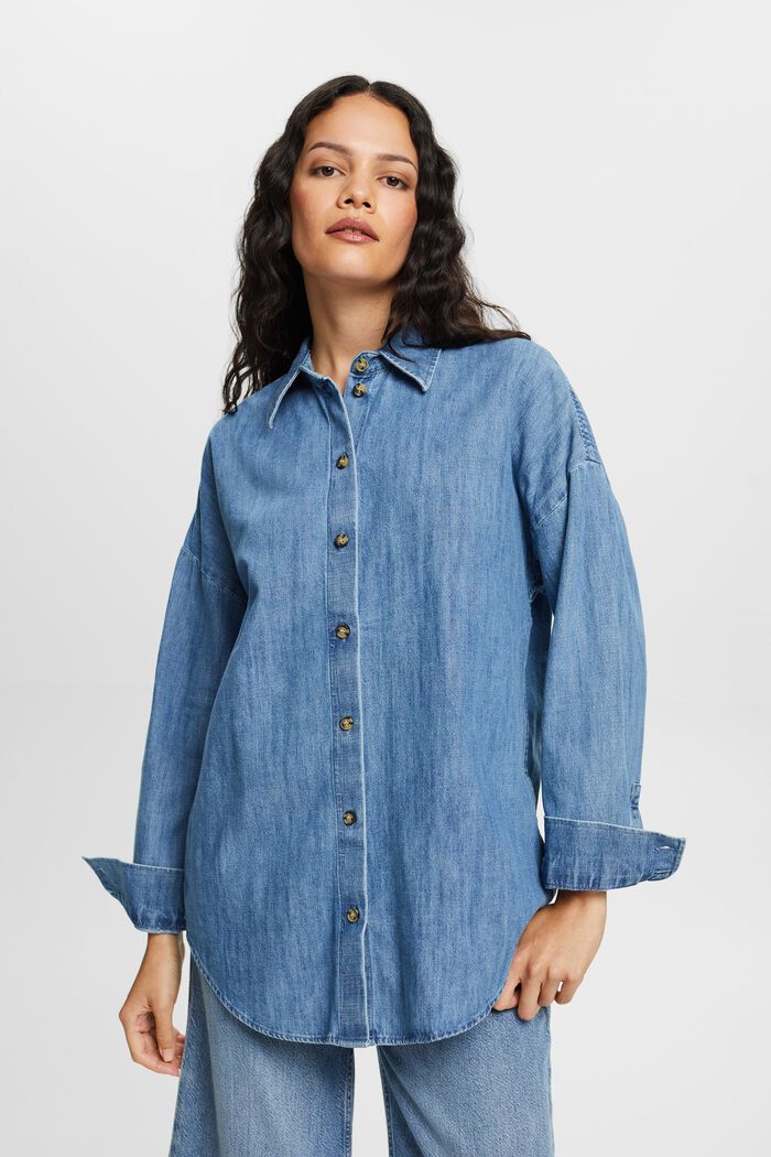 Dżinsowa bluzka koszulowa oversize, 100% bawełny, BLUE MEDIUM WASHED, detail image number 0