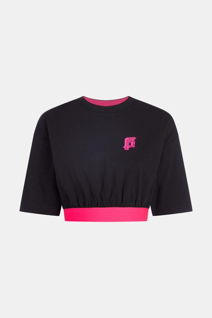 Neonowy prążkowany T-shirt z logo i lamówką przy rękawach, fason cropped