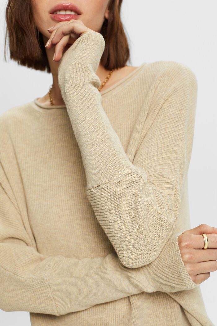 Sweter z prążkowanej dzianiny z rękawami à la nietoperz, SAND, detail image number 2