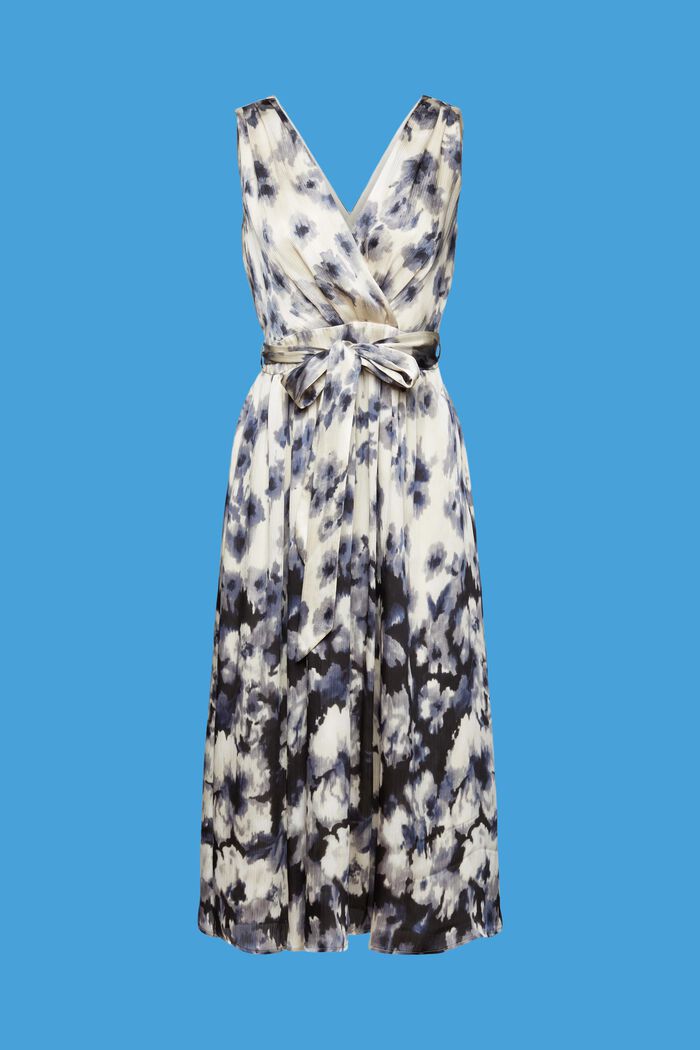 Sukienka midi z marszczonej satyny z kwiecistym nadrukiem, BLACK, detail image number 7