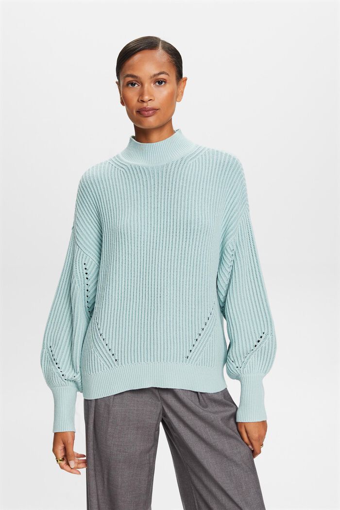 Sweter z prążkowanej dzianiny z półgolfem, LIGHT AQUA GREEN, detail image number 1