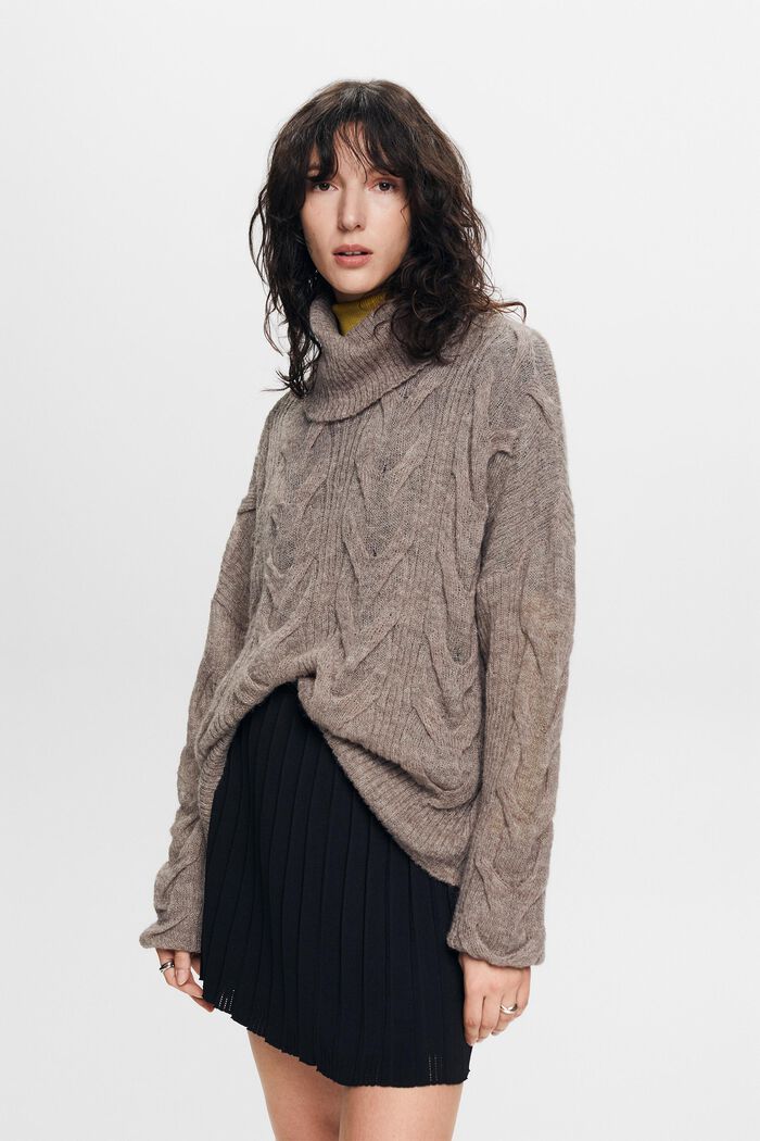 Sweter z półgolfem z wzorem w warkocze, BROWN GREY, detail image number 2