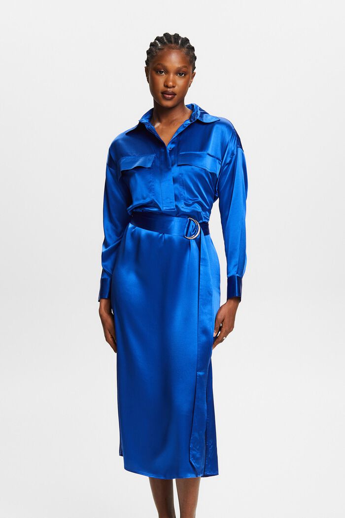 Sukienka midi z paskiem z jedwabnej satyny, BRIGHT BLUE, detail image number 0