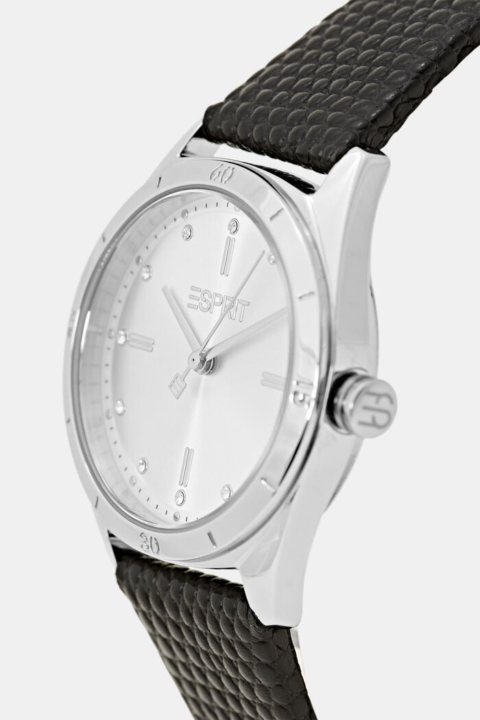 Zegarek ze stali szlachetnej z fakturalnym skórzanym paskiem, BLACK, detail image number 1