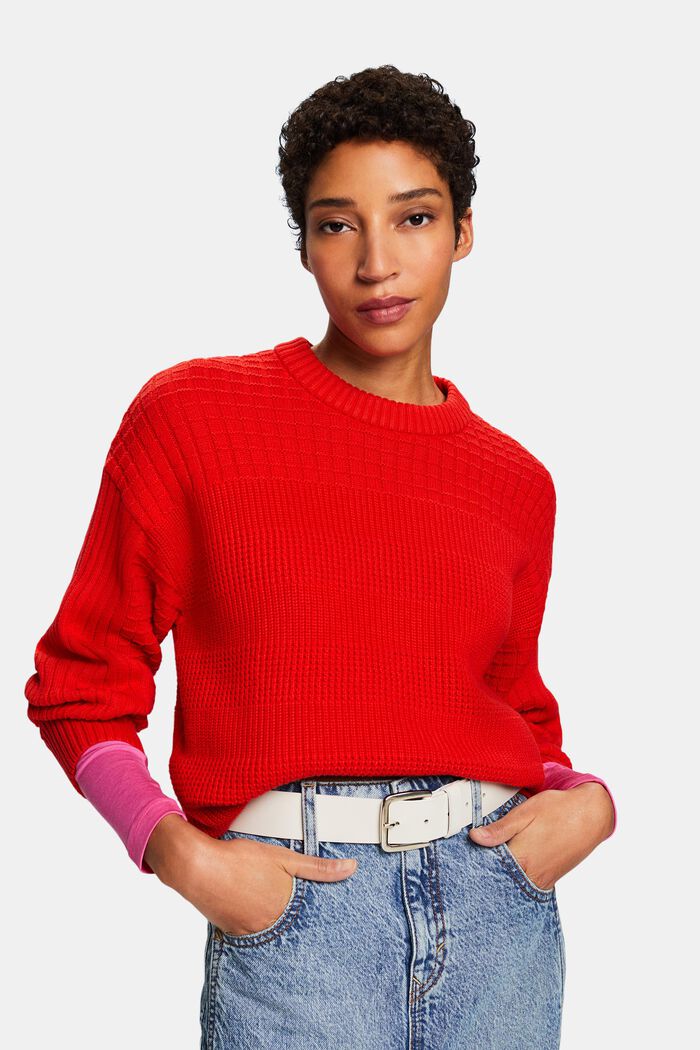 Fakturowany sweter z okrągłym dekoltem, RED, detail image number 0