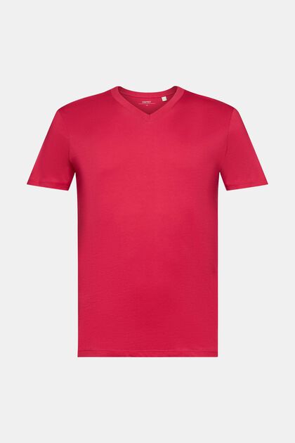 Bawełniany T-shirt z dekoltem w serek, slim fit, DARK PINK, overview