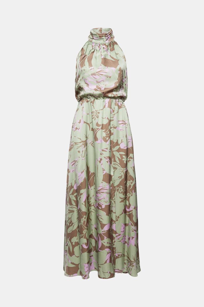 Kwiecista sukienka z wiązaniem na szyi w satynowym stylu, PASTEL GREEN, overview