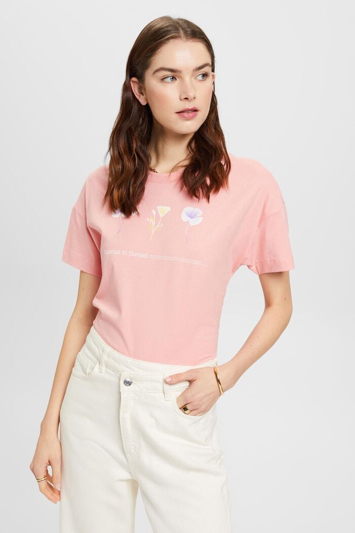 T-shirt z kwiatowym nadrukiem na piersi, PINK, detail image number 0