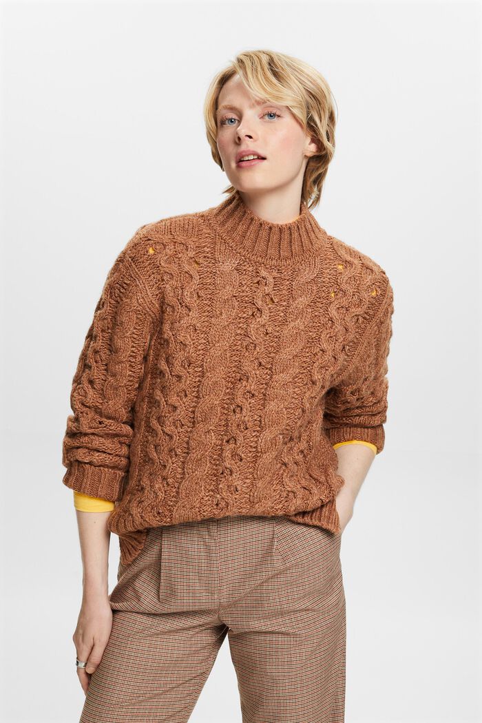 Sweter z mieszanki z wełną z warkoczowym wzorem, CARAMEL, detail image number 1