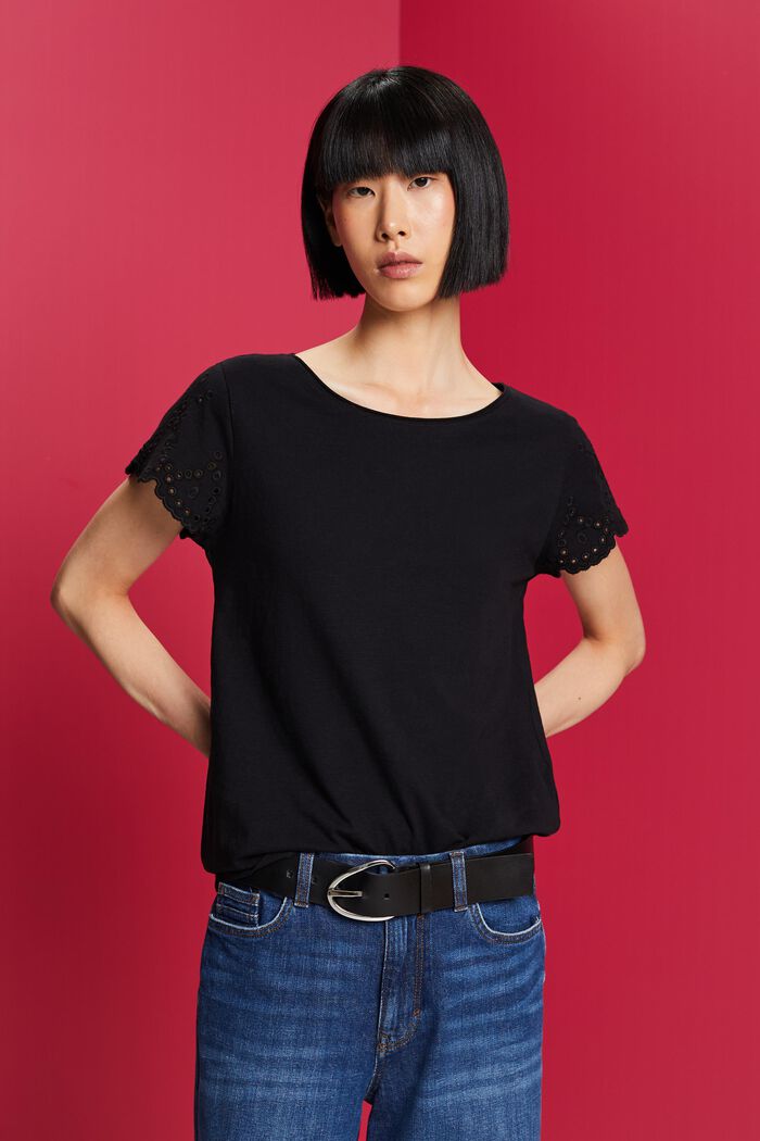 Bawełniany T-shirt z ażurowymi rękawami, BLACK, detail image number 0