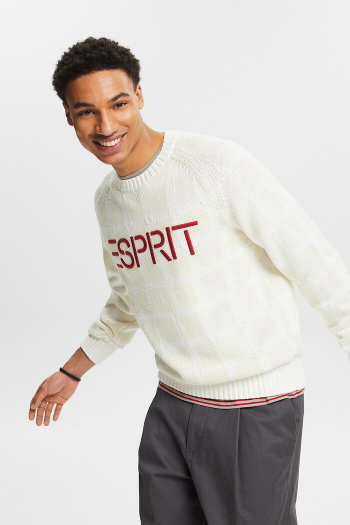 Sweter z logo z w kratkę grubej dzianiny, WHITE, detail image number 4