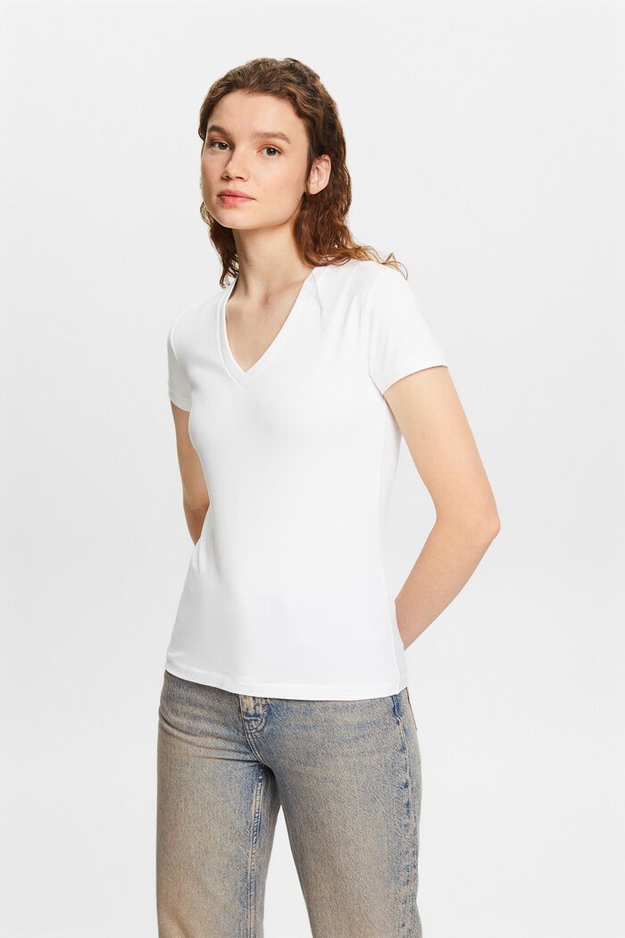 T-shirt z jerseyu z dekoltem serek, WHITE, detail image number 0