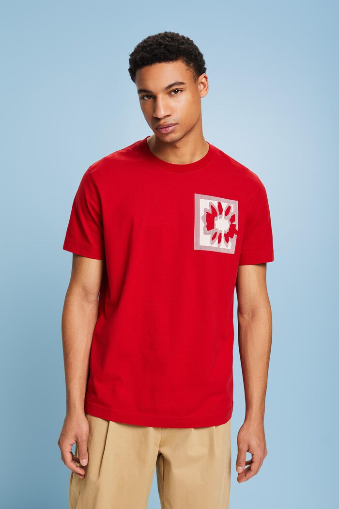 T-shirt z logo i kwiatowym nadrukiem, DARK RED, detail image number 0