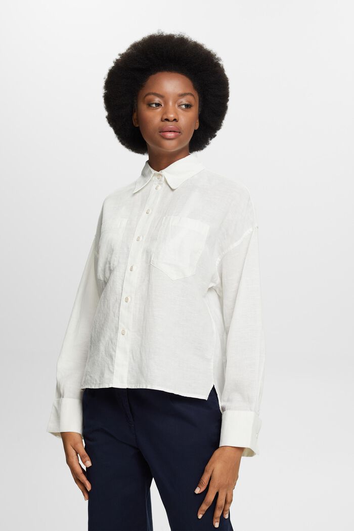 Bluzka koszulowa z lnu i bawełny, OFF WHITE, detail image number 0