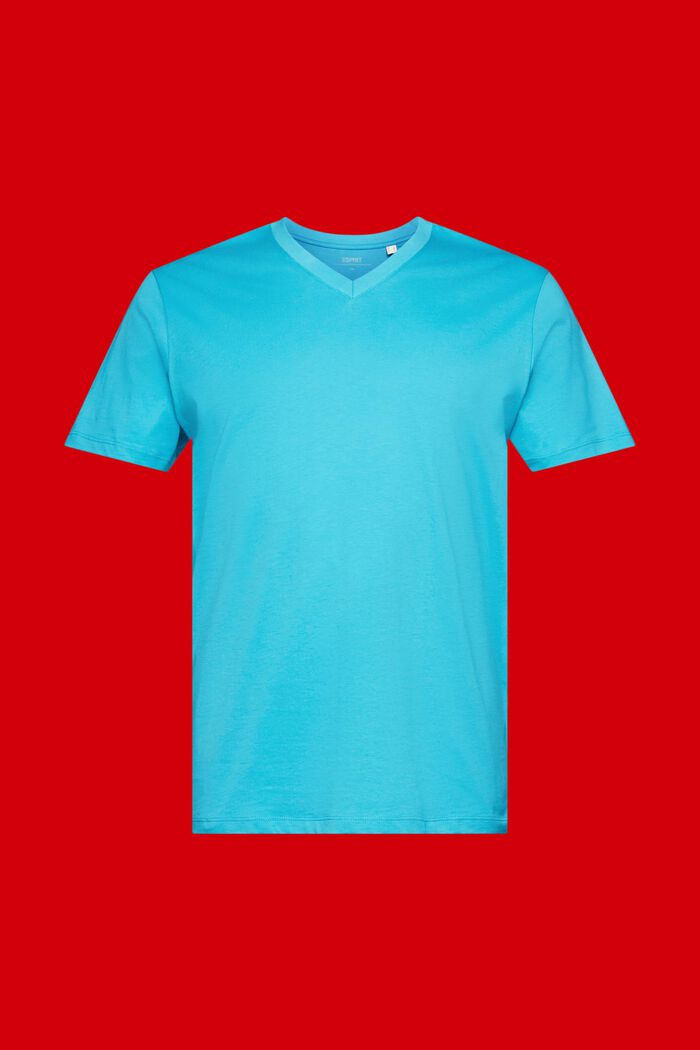 Bawełniany T-shirt z dekoltem w serek, slim fit, AQUA GREEN, detail image number 5