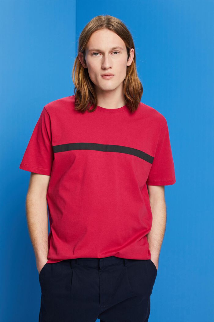 Bawełniany T-shirt z kontrastowym paskiem, DARK PINK, detail image number 0