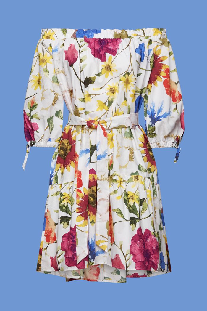 Wzorzysta sukienka mini z popeliny z odsłoniętymi ramionami, WHITE, detail image number 5