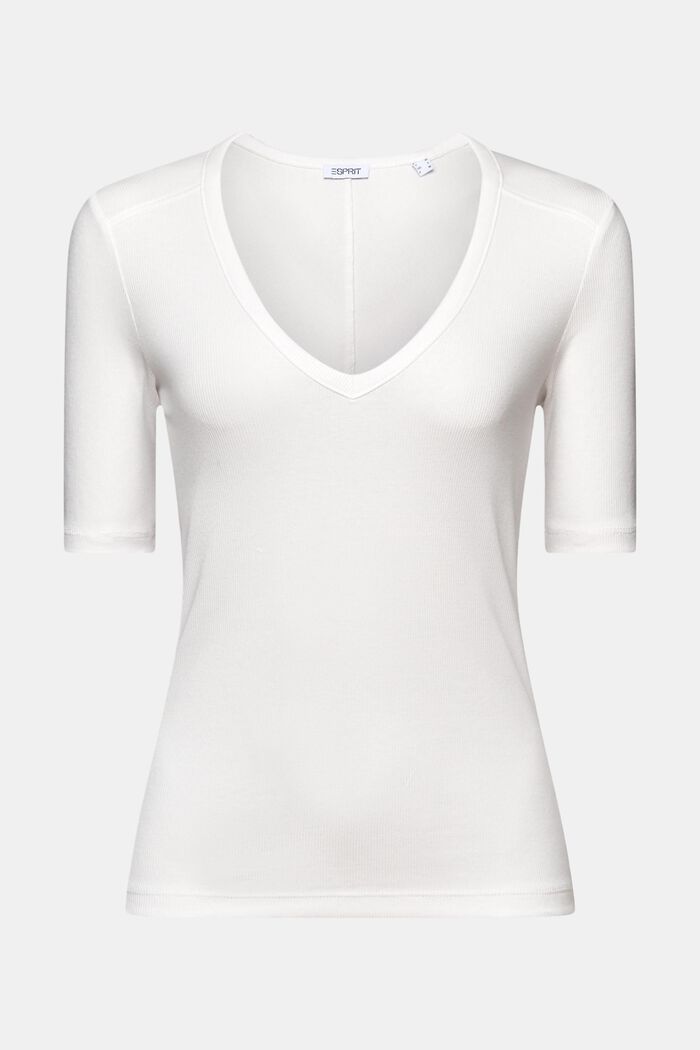 Prążkowany T-shirt z dekoltem w serek, OFF WHITE, detail image number 6