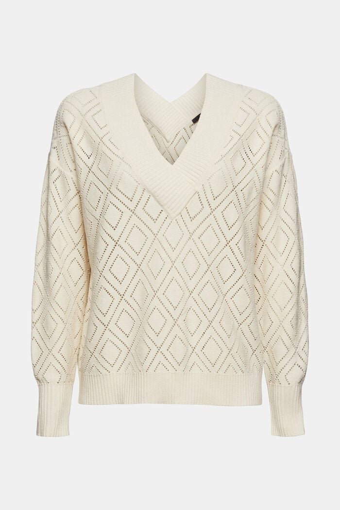 Z lnem: sweter z wzorem z ażurowej dzianiny, OFF WHITE, overview