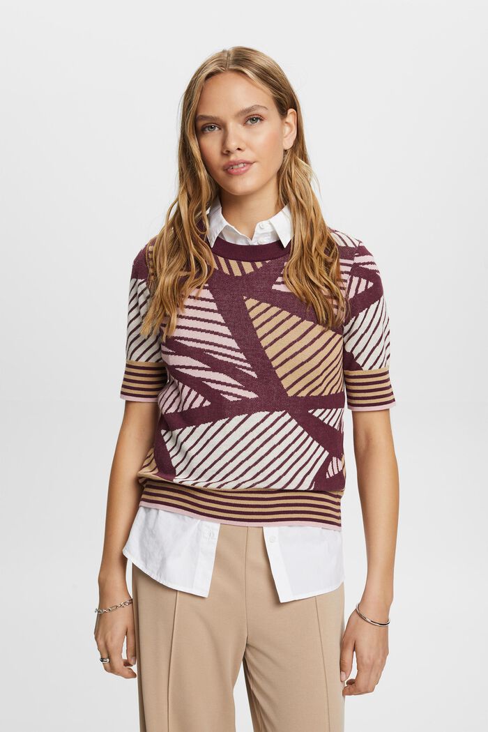 Żakardowy sweter z krótkim rękawem, bawełna ekologiczna, AUBERGINE, detail image number 0